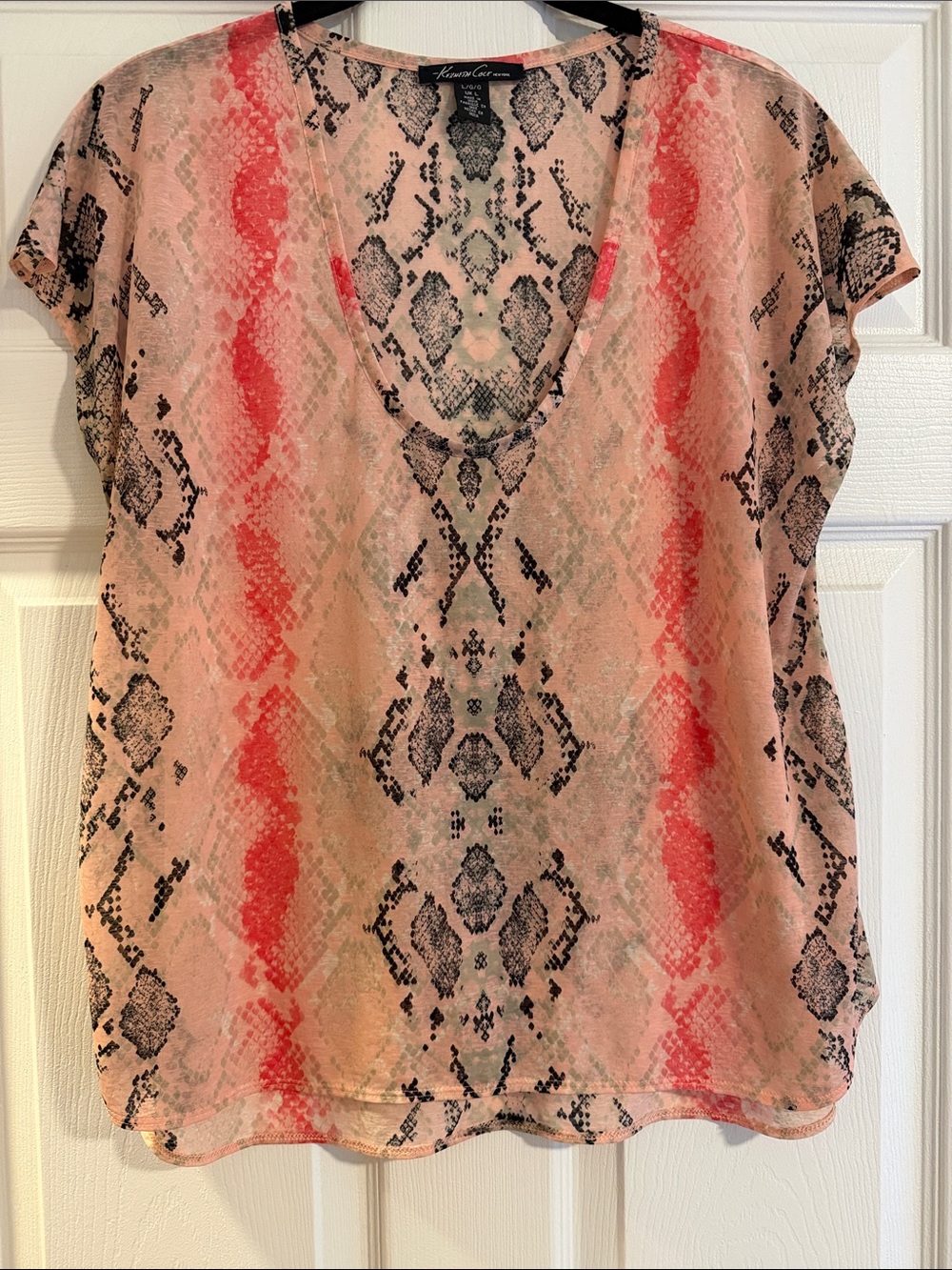 Kenneth Cole New York Pink Coral Snake-Print V-Neck Blouse